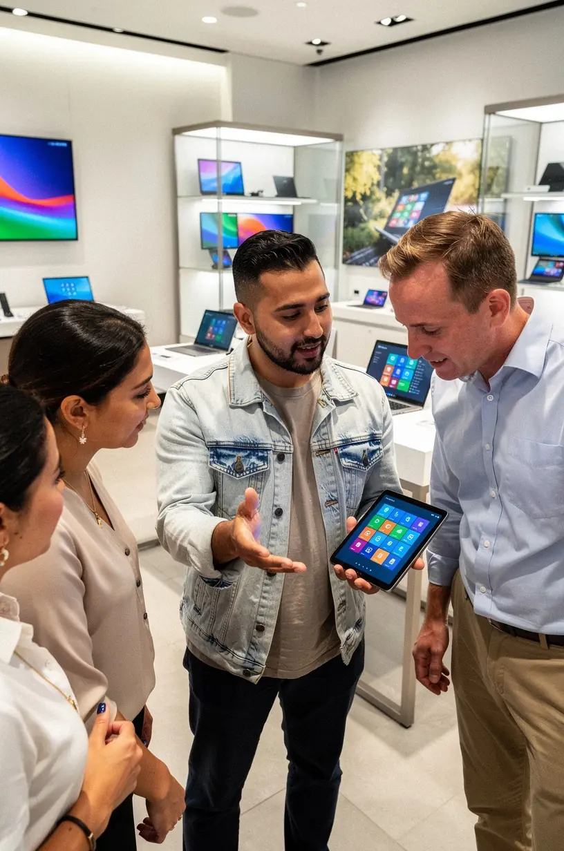 User interacting with a cloud-based project management platform on a touchscreen device in an office setting.