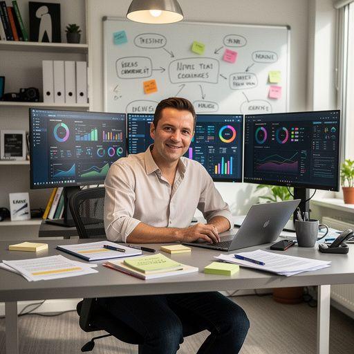 Close-up of hands typing on a keyboard with multiple digital tools open on the monitor
